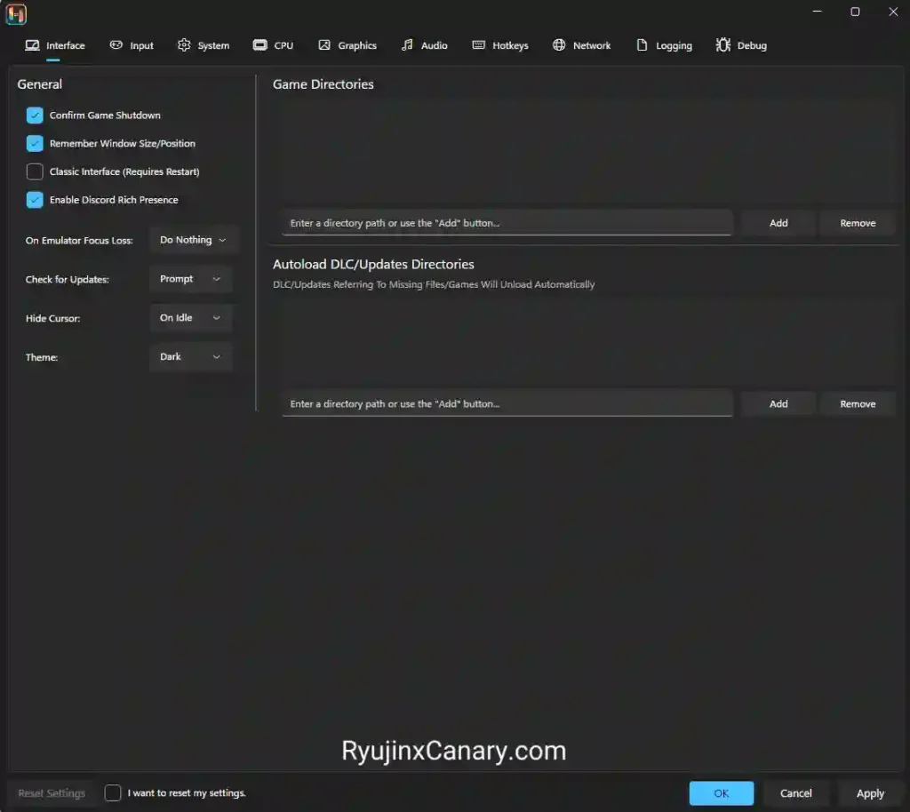 Ryujinx Canary settings window showing Game Directories option for adding Nintendo Switch game folders