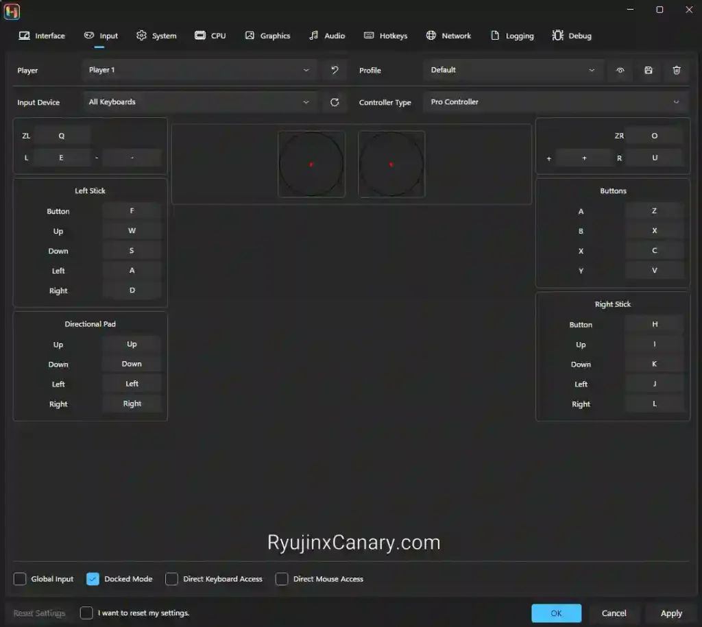 Ryujinx Canary input settings menu for configuring Nintendo Switch controller controls