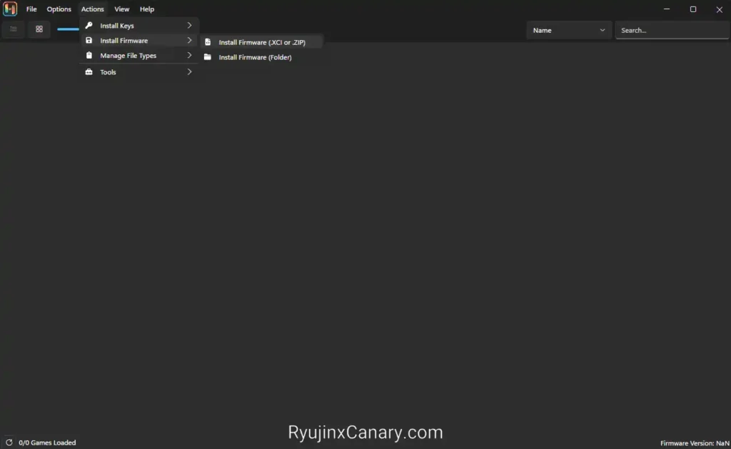 Ryujinx Canary menu showing Install Firmware option for Nintendo Switch firmware setup