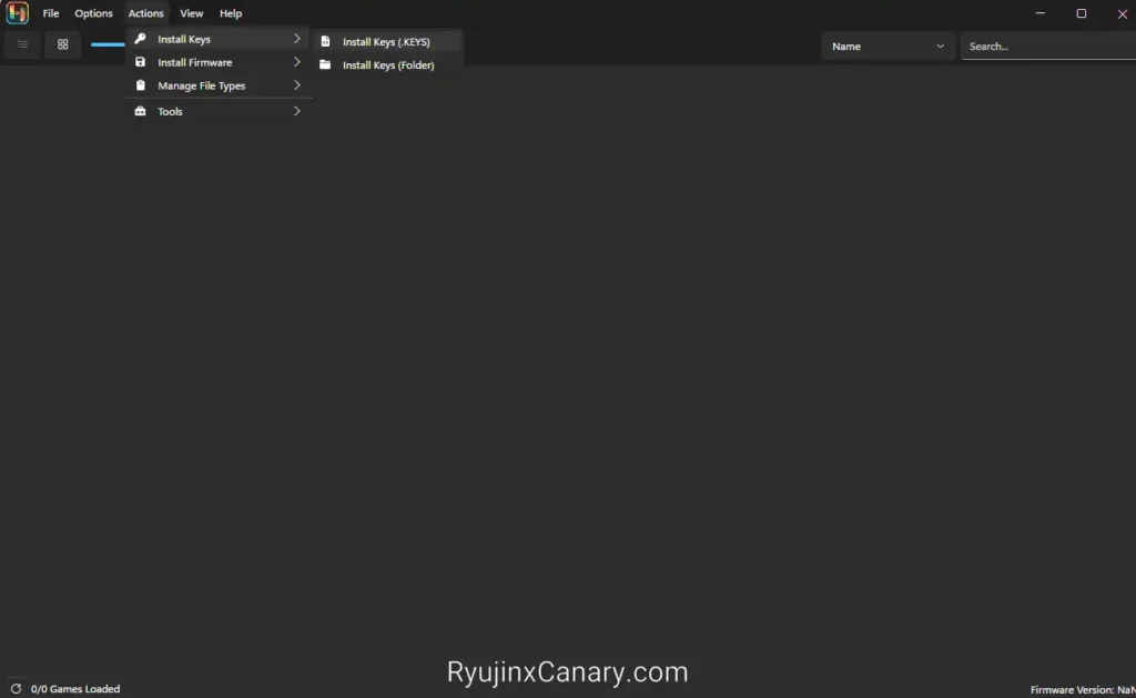 Ryujinx Canary menu showing Install Keys option for Nintendo Switch product keys