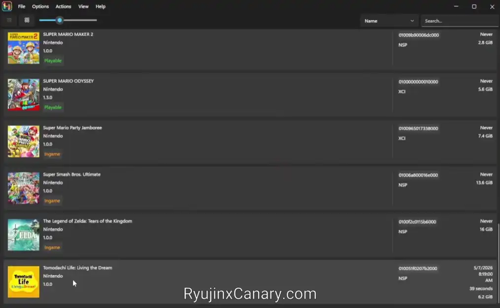 Ryujinx Canary game library showing installed Nintendo Switch games ready to launch