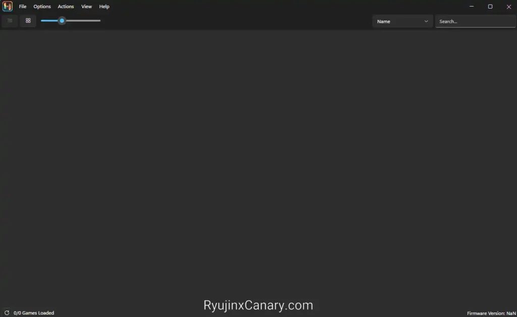 Ryujinx Canary emulator main window after first launch on Windows PC