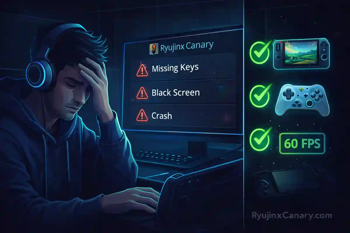 Gamer fixing Ryujinx Canary emulator errors with green checkmarks showing solutions.