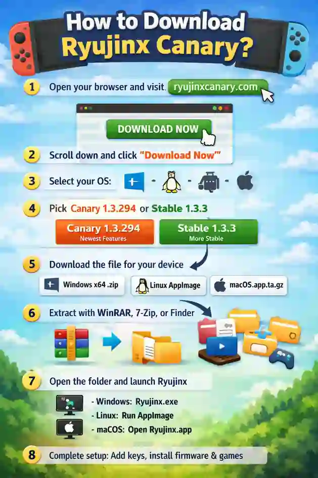 Infographic showing how to download Ryujinx Canary on Windows, Linux, and macOS with setup steps.