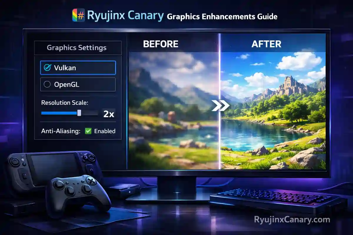 Ryujinx Canary graphics settings showing Vulkan backend, 2x resolution scale, and anti-aliasing with before and after comparison of improved game visuals