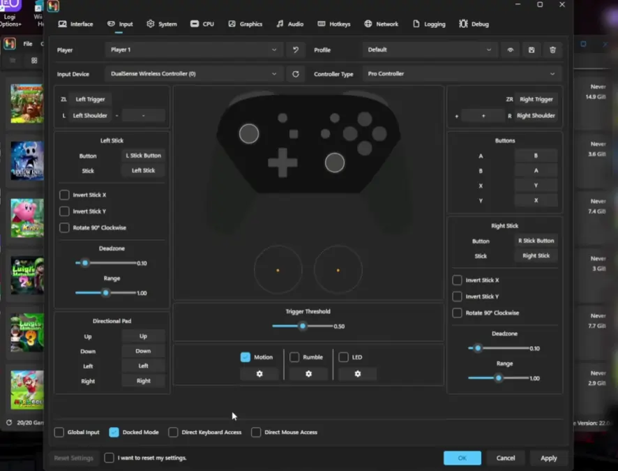 Ryujinx Canary Input Settings window showing DualSense controller mapped as Pro Controller with button configuration