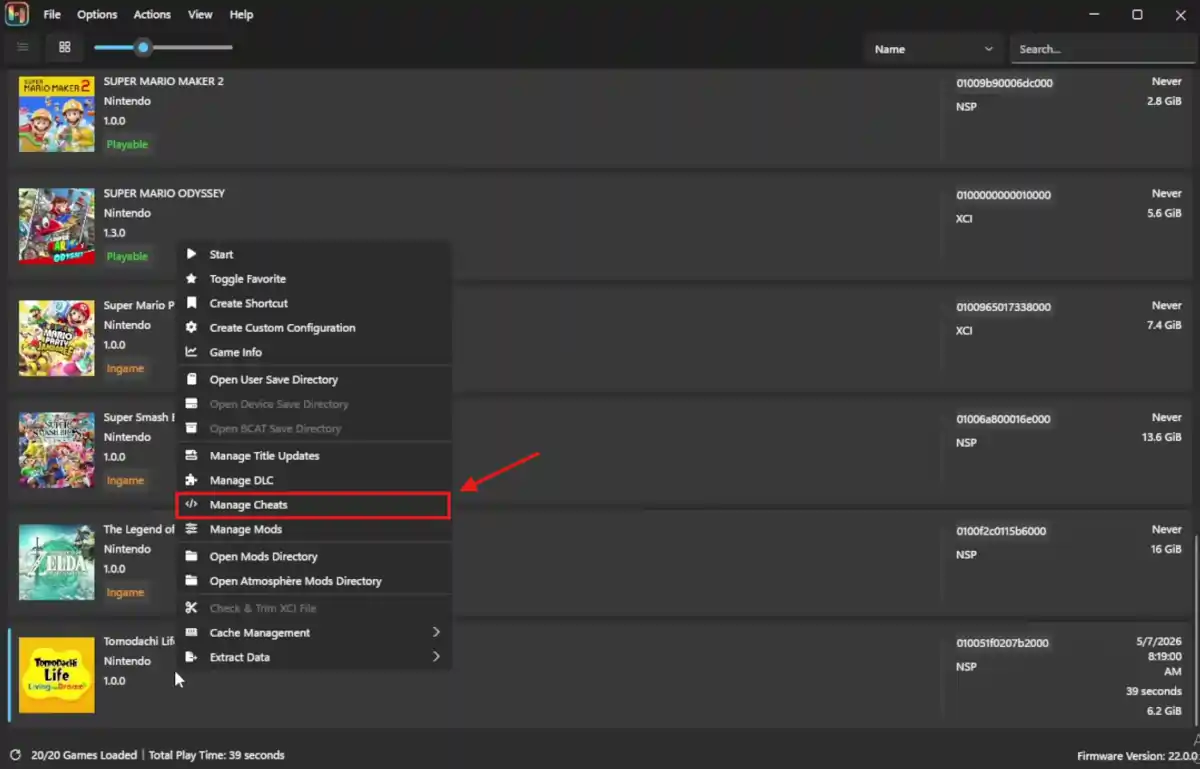 Ryujinx Canary Manage Cheats option in right-click menu on game library