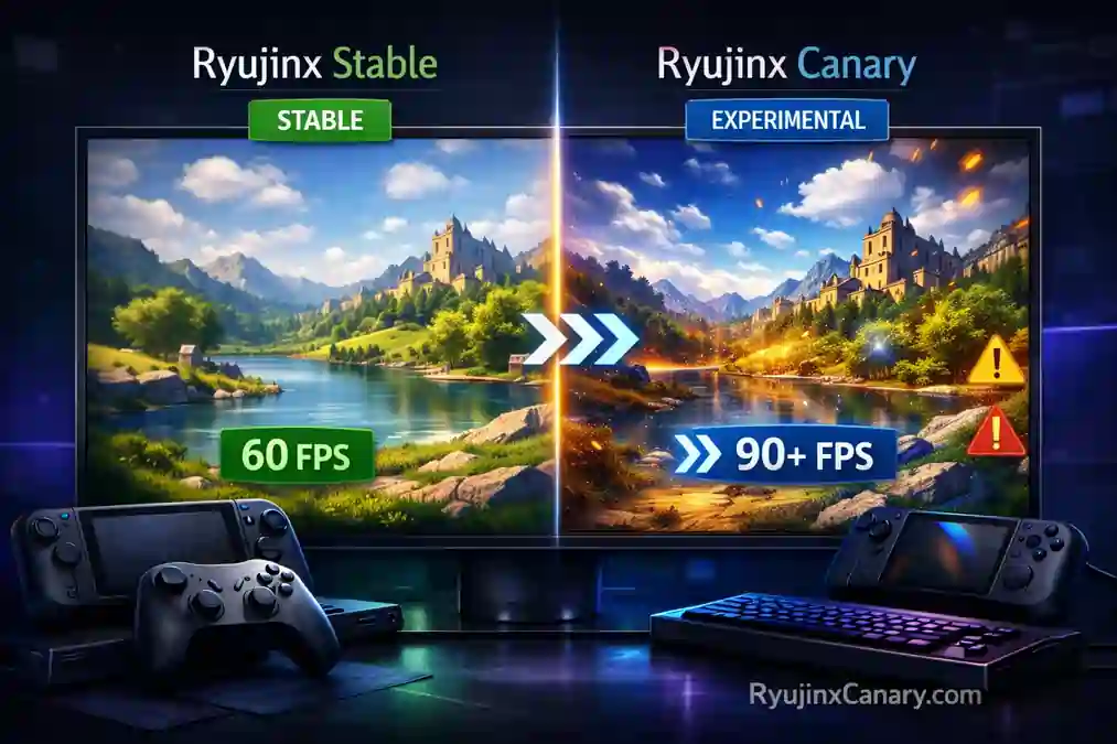 Ryujinx Canary vs Ryujinx comparison illustration showing Stable version with reliable performance on the left and experimental Canary version with newer features on the right