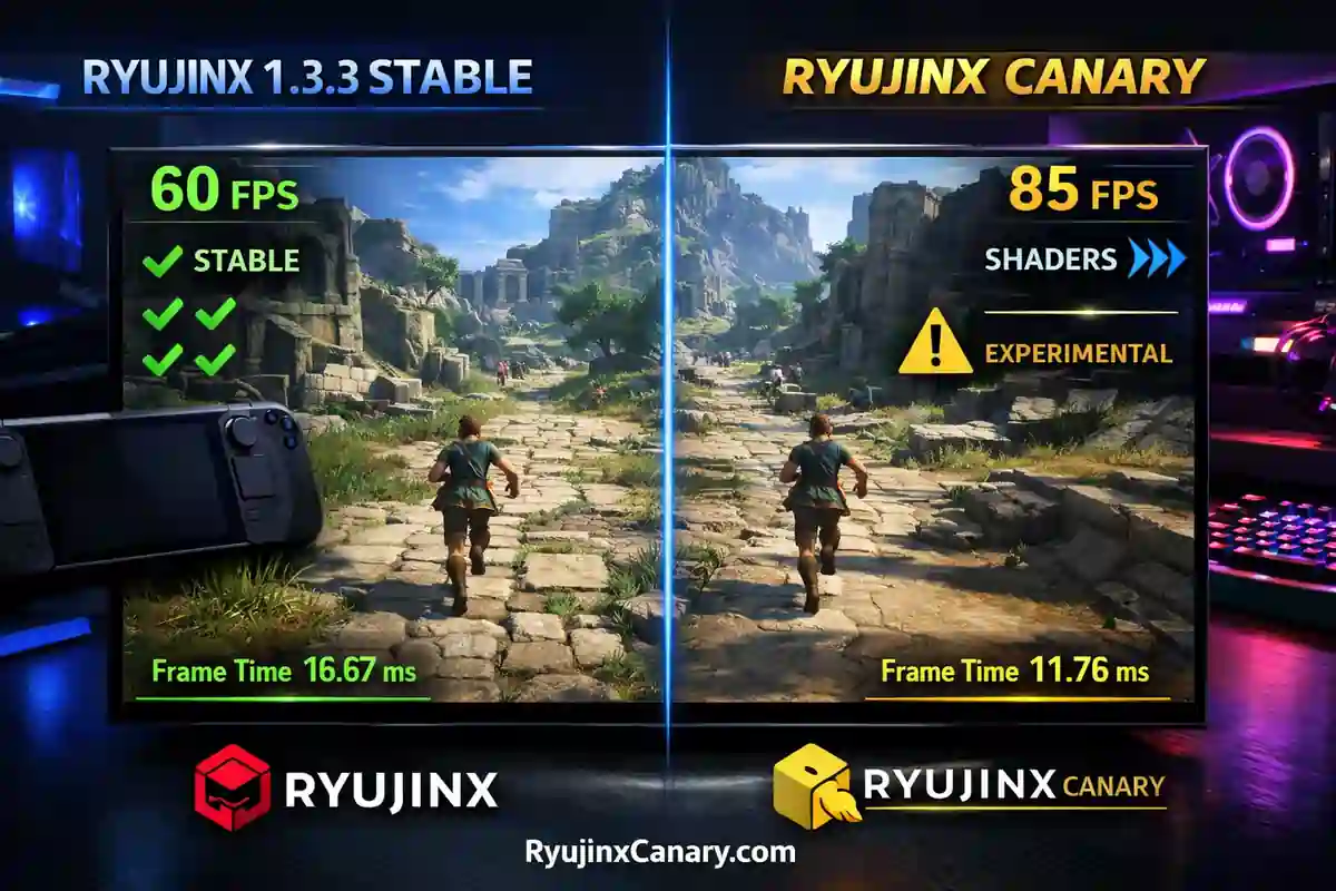 Ryujinx Canary vs Stable 1.3.3 - 85 FPS vs 60 FPS performance comparison in Zelda game