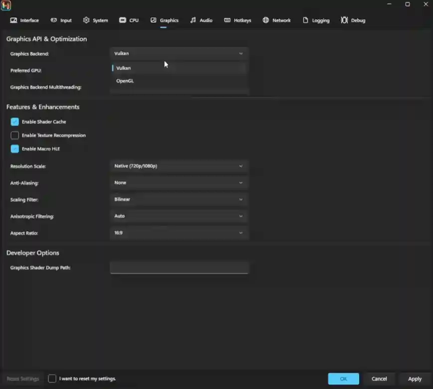 Ryujinx Canary Graphics Settings window showing Vulkan backend, Resolution Scale, Anti-Aliasing, and other performance options