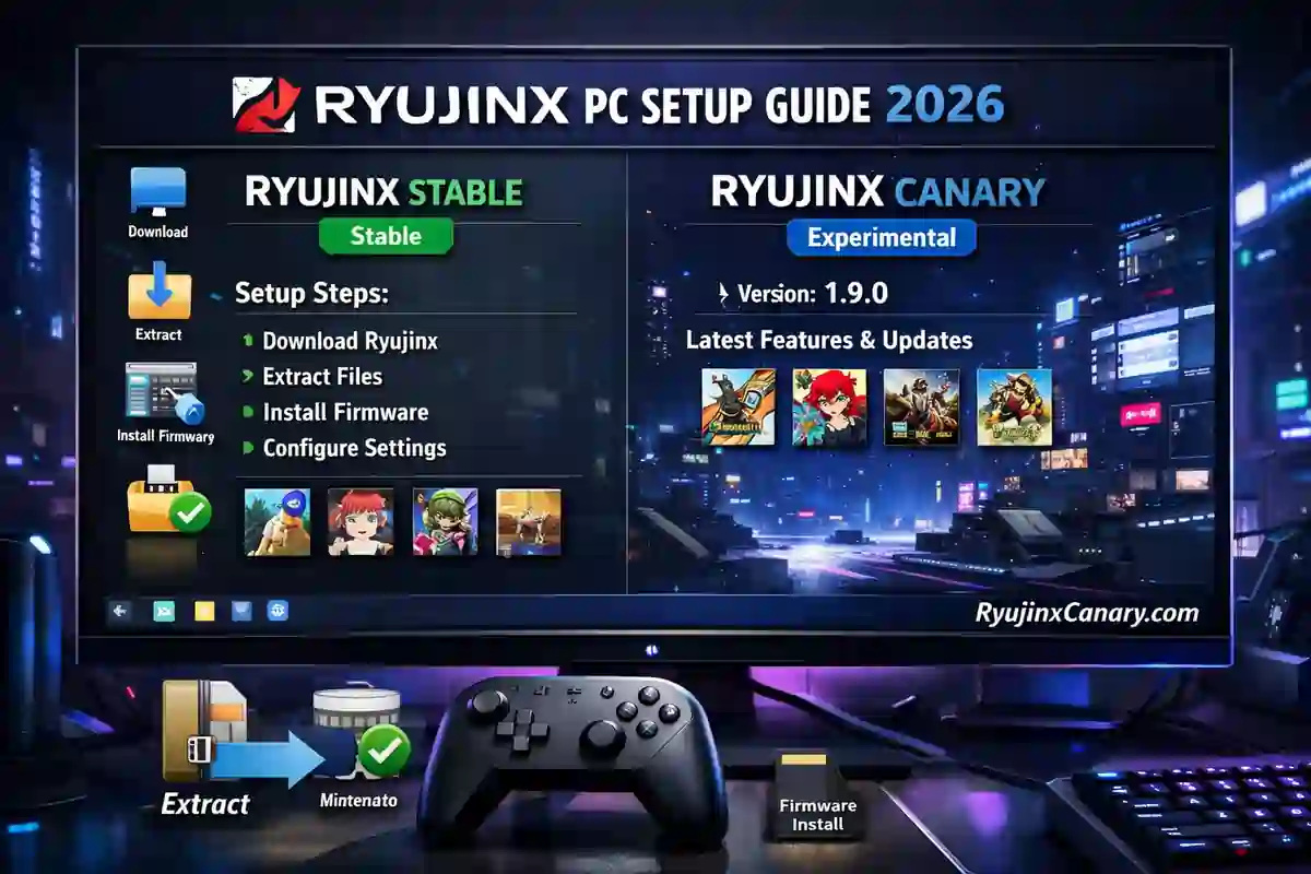Ryujinx PC Setup Guide 2026 showing easy installation steps for Ryujinx Stable and Canary versions on Windows PC with settings menu and Nintendo Switch controller