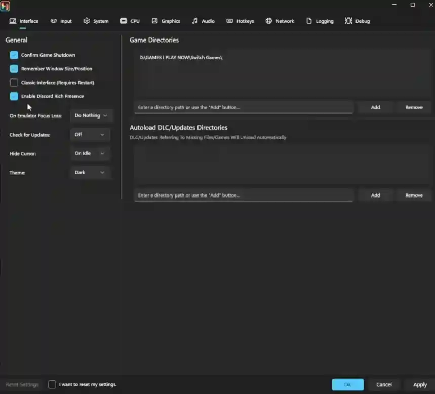Ryujinx Canary Settings window showing General tab with Game Directories configuration for adding Switch games