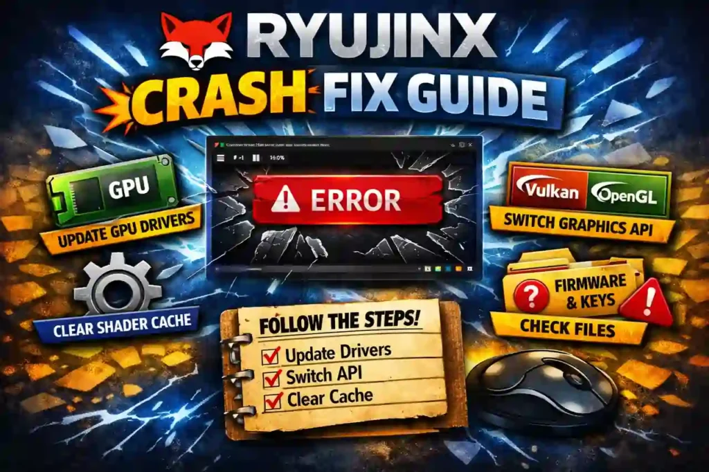 Ryujinx Crash Fix Guide illustration showing emulator error screen, GPU driver icon, Vulkan/OpenGL switch, shader cache, and firmware check visuals with electric blue background.