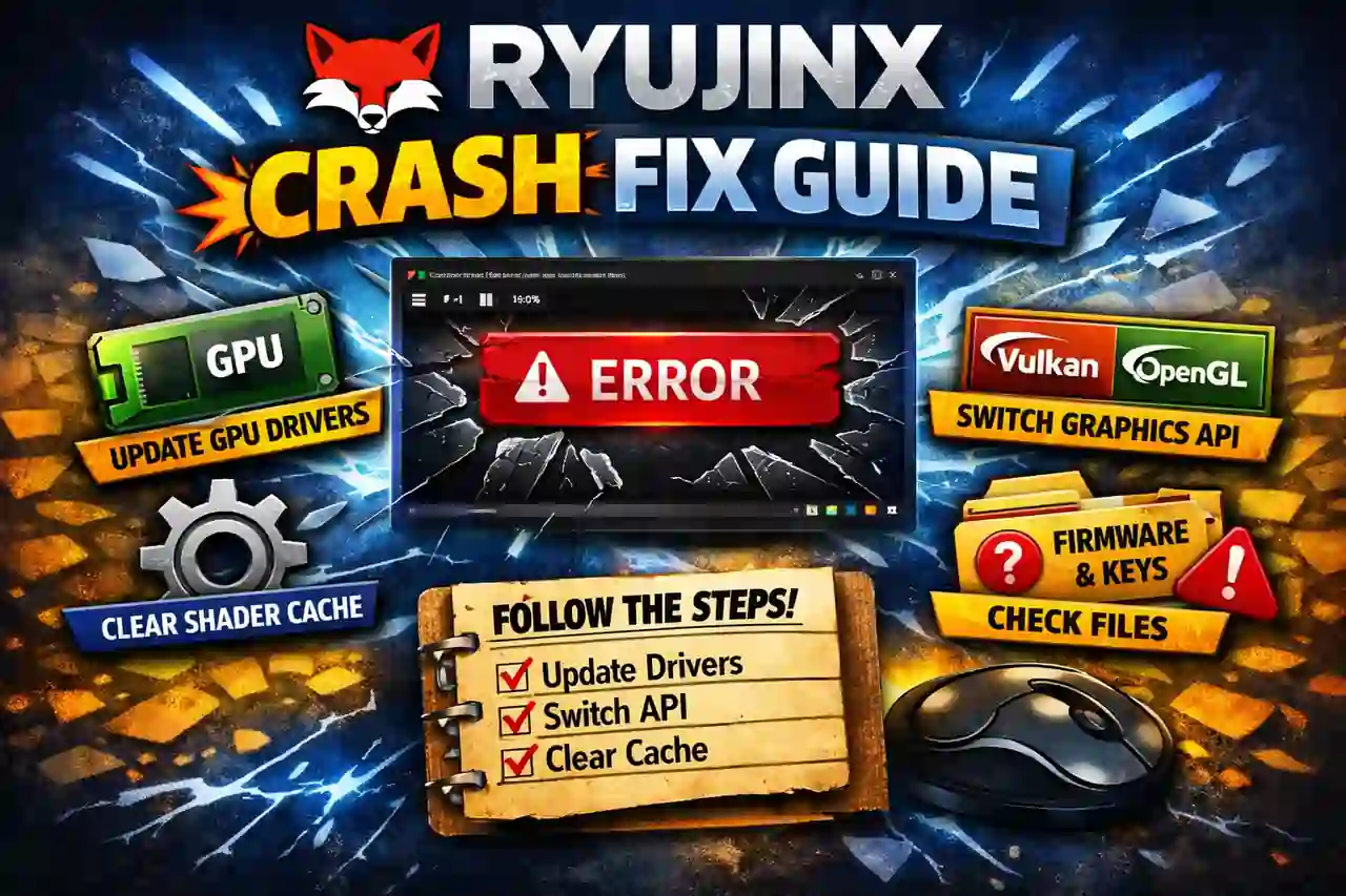 Ryujinx Crash Fix Guide illustration showing emulator error screen, GPU driver icon, Vulkan/OpenGL switch, shader cache, and firmware check visuals with electric blue background.